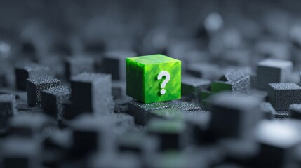Green question mark cube on blocky gray surface, sharp focus, shallow depth