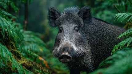 Wild boar encounters dense foliage in a lush forest landscape at dawn