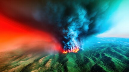 Naklejka premium Large wildfire engulfs forested area, creating dramatic smoke clouds