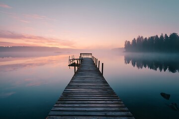 Fototapeta premium tranquil wooden pier reaching into misty lake at sunrise 