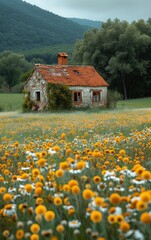 Fototapeta premium A romantic house stands on a meadow in the middle of the mountains, surrounded by flowers.