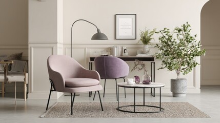 Modern Living Room Interior with Pastel Armchairs and Green Plant