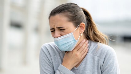 Woman with Sore Throat Wearing Protective Face Mask