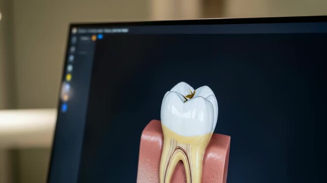 Digital 3d rendering of a tooth with roots shown on a monitor screen in a dental office close up footage.