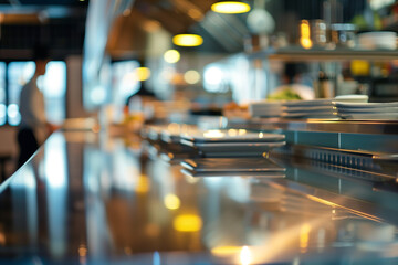 Obraz premium A blurred view of a bustling restaurant kitchen features stacks of clean plates neatly arranged on a gleaming metal counter. The background shows kitchen staff and equipment. Soft lighting enhances