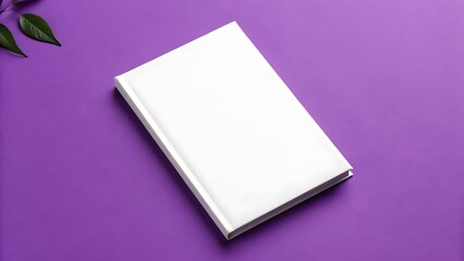 Blank white book cover mockup on vibrant purple background with subtle green leaves
