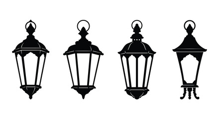 Four different styles of black lanterns on a white background