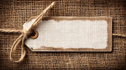 view of illustrated brown label with a tied twine bow resting on a tightly woven burlap surface, with space for customizable text. illustrated label twine bow woven fabric eco texture blank 