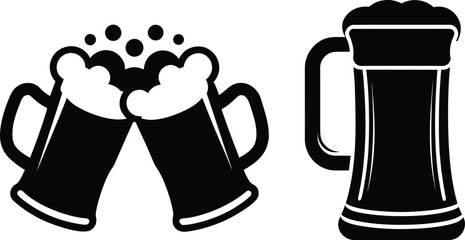 Set of Beer mug silhouette. Two clinking beer mugs icon vector illustration. party, cheers, pub, Oktoberfest and drink-themed decoration
