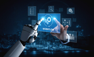 Fototapeta na wymiar AI streamlines business workflows by automating repetitive tasks, enhancing team coordination, and optimizing structured processes for greater operational efficiency Vouch