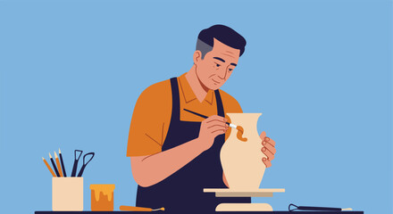 Man Decorating Pottery in Workshop