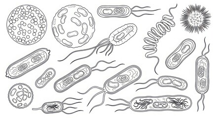 Microscopic world unveiled detailed line drawing collection of diverse bacteria and microorganisms showcasing biological diversity