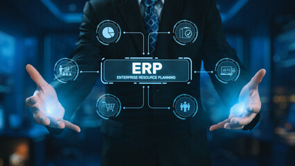 ERP platform visual showing centralized system for enterprise resource planning, improving...