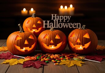 Photo of spooky halloween scene with carved pumpkins, candles, candies and autumn leaves creating a festive and warm atmosphere for the holiday