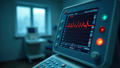 A medical monitor in a clinical room displaying a patient's heart rate and vital signs.