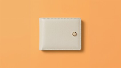 Minimalist cream-colored wallet with a gold button closure, presented on a vibrant orange background.
