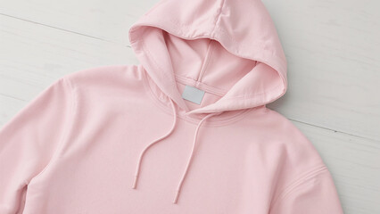 Soft pink hooded sweatshirt on white wood. Cozy casual fashion apparel for staying warm in comfort.