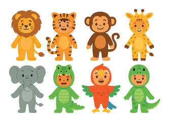 Obraz premium Children in adorable animal costumes including lion, tiger, monkey, giraffe, elephant, crocodile, parrot, dinosaur