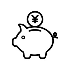 Obraz premium Piggy bank with Japanese yen coin going into it outline icon. Black illustration, vector. Modern minimal flat design, white background. 
