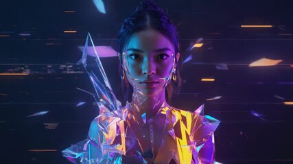 Asian woman posing in a striking futuristic crystal outfit, surrounded by vibrant neon lights and captivating digital glitches in a dynamic cyberpunk metaverse - Powered by Adobe