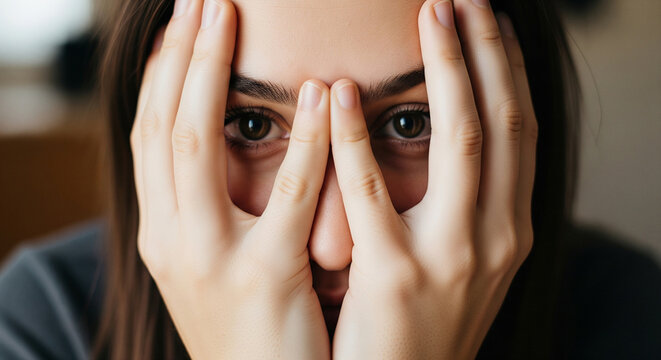 Man covers face with both hands, peeking through fingers - Powered by Adobe
