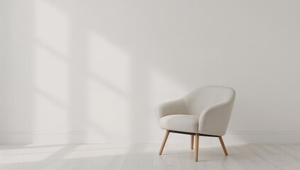 Minimalist living: An armchair sits by a white wall, sunlight streams through, casting soft shadows.