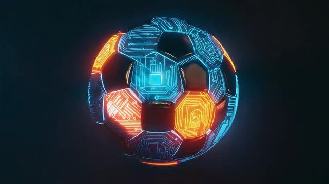 Futuristic soccer ball glowing with an intricate circuit board pattern, representing the fusion of technology and sports in a striking design that embodies innovation