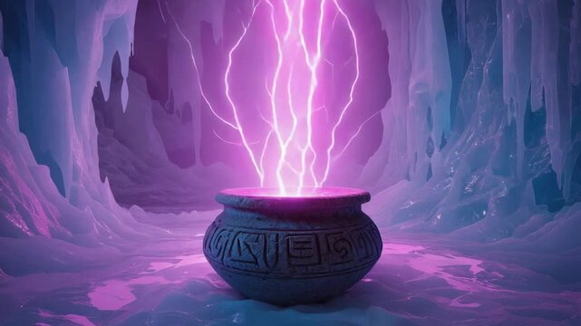 Magical energy beams falling into a cauldron illuminating an ice cave with pink and purple light, creating a mysterious and enchanting atmosphere