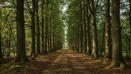 Obraz premium Forest path: A long dirt road stretches through a dense canopy of towering green trees, nature's peaceful pathway.