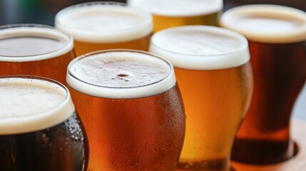 Variety of craft beers served in clear glasses at a lively gathering