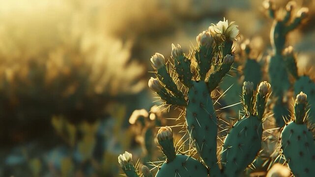 Golden Hour Desert Bloom: Prickly Pear Cactus Blossoms in Warm Sunlight