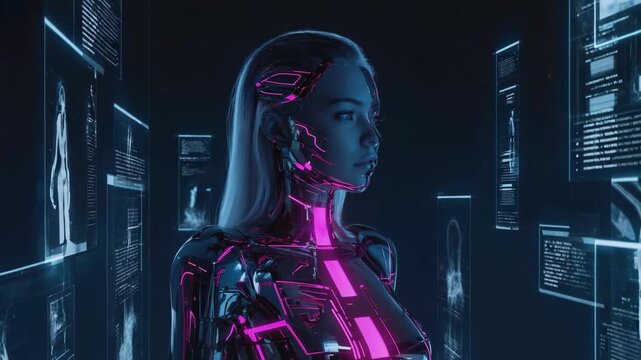 Advanced cyborg examining intricate holographic projections of medical scans and patient information, highlighting the transformative potential of ai in revolutionizing healthcare practices