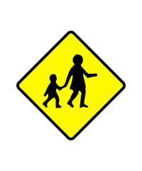 Warning Sign Depicting an Adult and Child Crossing a Road Indicates a School Zone or Area with Pedestrian Traffic