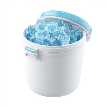 A cooler filled with ice cubes. The container has a blue lid and buckle
