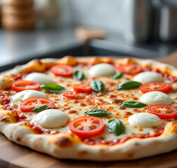 pizza with salami and tomatoes with portrait background 