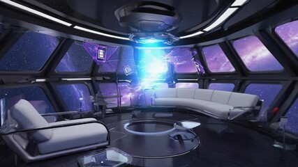 Holographic data and information projecting in a futuristic spaceship lounge, offering breathtaking views of the galaxy through expansive windows, creates an atmosphere of luxury and innovation - Powered by Adobe