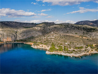 Aerial seascape near Nafplio Coast and Karathona Beach winter day in Mediterranean Sea Greece