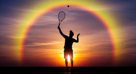 Tennis player serves under a majestic rainbow at sunset action shot capturing athleticism and natural beauty