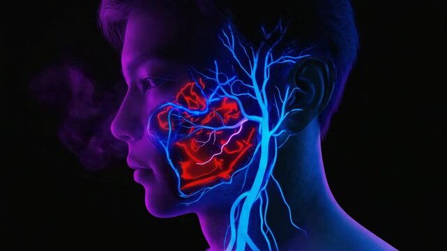 Medical illustration showing blood circulation in the face of a smoking man, highlighting the network of veins and arteries with vibrant colors against a dark background