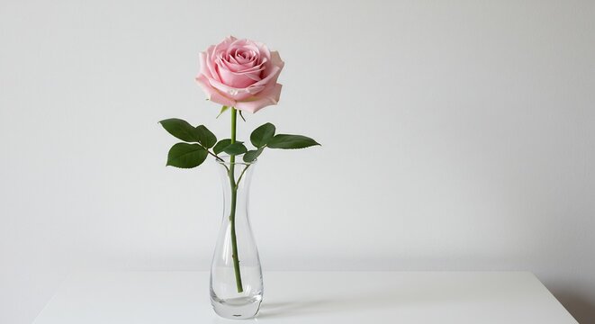 淡いピンクのバラ 優雅に立つ 透明な花瓶 静謐な光 (Awai pinku no bara yuugani tatsu toumei na kabin seihitsu na hikari) Translation: Pale pink rose stands elegantly, clear vase, serene light.. AI Generated