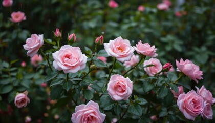 Obraz premium Delicate pink roses bloom in a lush garden showcasing soft petals and natural beauty