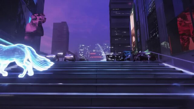 Holographic fox, imbued with intricate circuitry, traverses a neon-lit cityscape at dusk, embodying the fusion of nature and technology in a futuristic metropolis