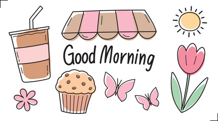cute hand drawn line graphic element vector set in good morning at coffee shop concept