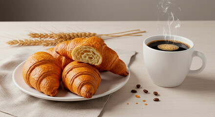 Breakfast with croissants and cup of steaming black coffee on a white table