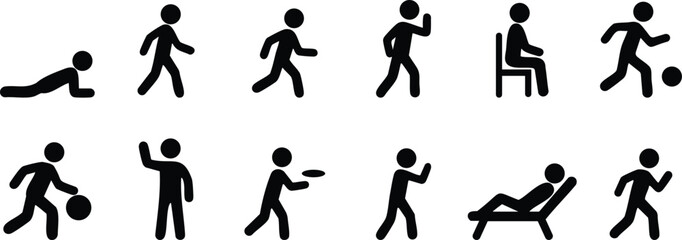 Stickman silhouette set showing various activities such as walking, running, crawling, sitting, and exercising in different poses