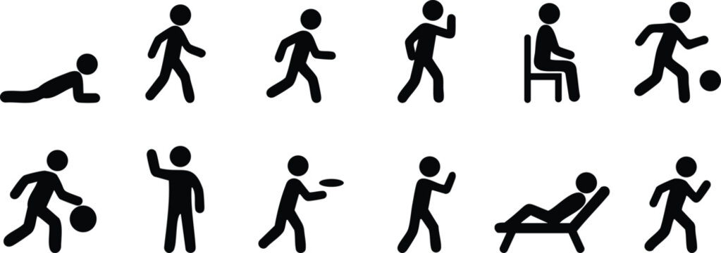 Stickman silhouette set showing various activities such as walking, running, crawling, sitting, and exercising in different poses - Powered by Adobe