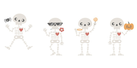 happy halloween holiday festival with skeleton set, flat vector illustration cartoon character design