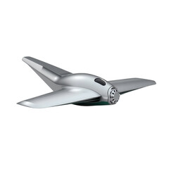 Obraz premium Sleek, futuristic aircraft design with streamlined silver body and teal accents, displayed against a striking black background.