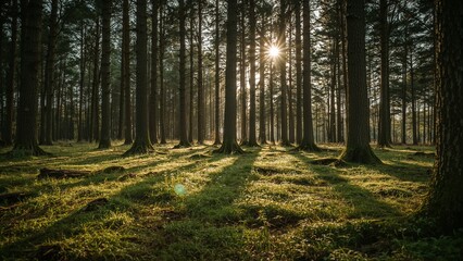 Obraz premium Sunlight through a dense forest, casting long shadows on the grassy ground, serene and natural landscape.