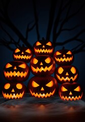 Fototapeta premium Photo of eerie halloween night scene with glowing jackolanterns, creating a spooky atmosphere with carved pumpkins and a misty background, perfect for festive celebrations